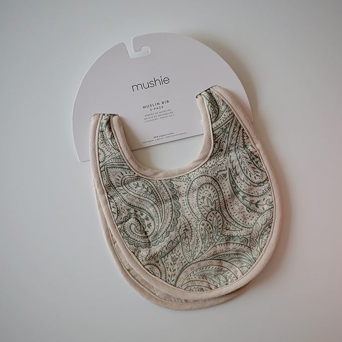 mushie Muslin Baby Bib | Soft Cotton for Infant Drips, Drools & Feedings | Adjustable Fit | 2 Pack