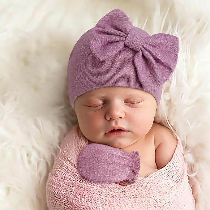 BQUBO Newborn Baby Girls Hats Mittens Set Hospital Hat Beanie Infant Bow Hats - Image 4
