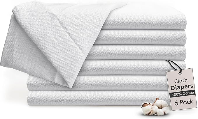RUVANTI Unisex Birdseye Flat-Fold Cloth Diapers for Babies 6 Pack, 100% Cotton Reusable Diaper Inserts 23x23 Inches, White