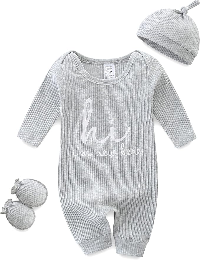 Baby Romper with Baby Mittens & Newborn Hats Footless Long Sleeve by Unknown