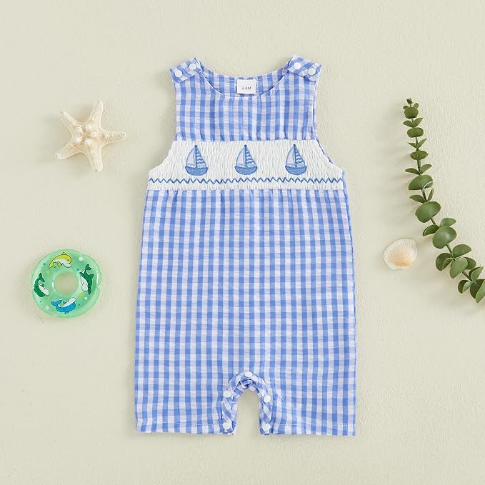 Newborn Baby Boys Sleeveless Seersucker Romper One Piece Straps Overalls - Image 2