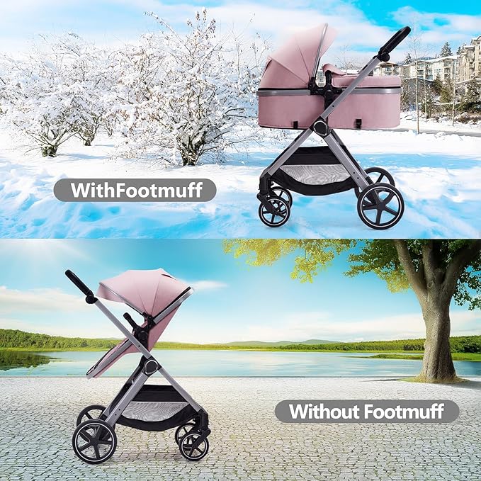 2 in 1 Baby Stroller, Newborn Infant Toddler Convertible Pram Stroller for 0-36 Months Old Babies (Pink)