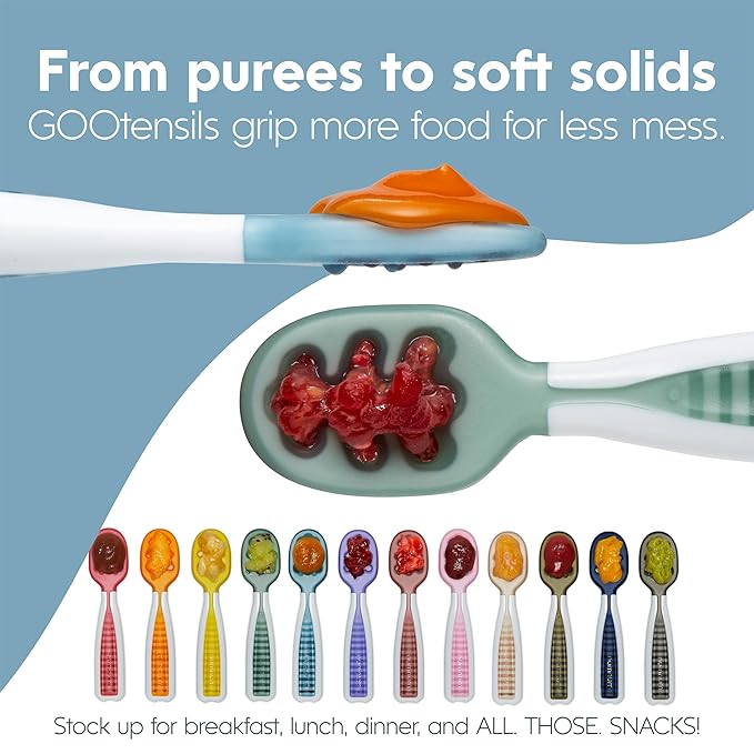 NumNum Baby Spoons Set, Silicone Pre-Spoon GOOtensils for Kids Aged 6+ Months - First Stage, Baby Led Weaning (BLW), Teething Spoon - Travel Case + 2 Spoons, Beige/Glacier Green