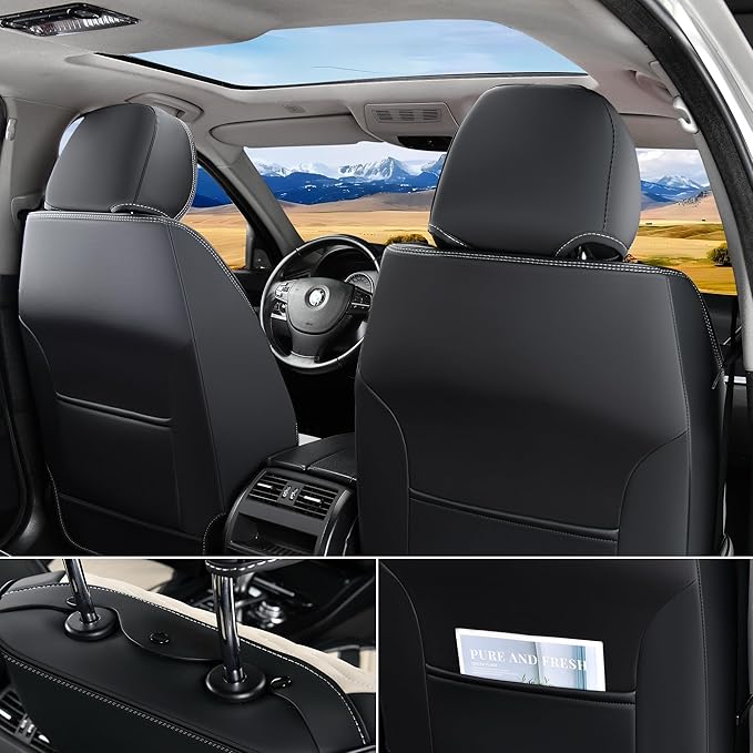 Seat Covers for Cars, Waterproof Seat Covers, Leather Car Seat Covers 2 Pack, Universal Seat Cushion Protector for Most Cars Trucks SUV-Black&Beige