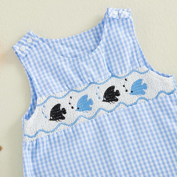 Newborn Baby Boys Sleeveless Seersucker Romper One Piece Straps Overalls - Image 4