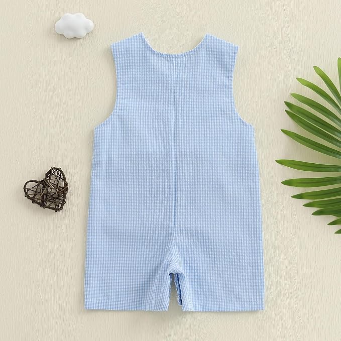 Newborn Baby Boys Sleeveless Seersucker Romper One Piece Straps Overalls - Image 3