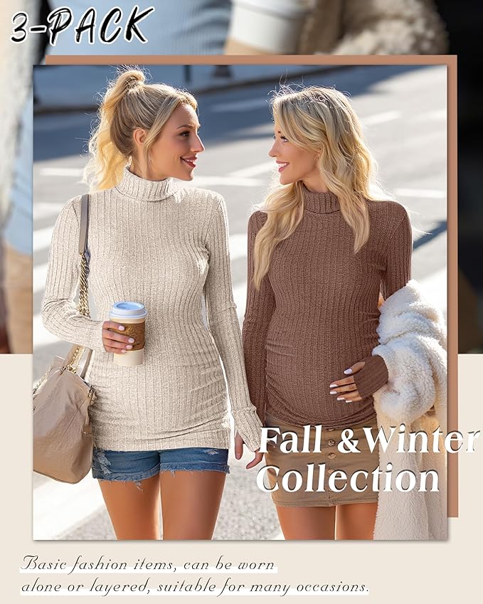 3 Pack Maternity T-Shirts Pregnancy Tops Women Sweater Long Sleeve Turtleneck Ribbed Finger Sleeve Outfits