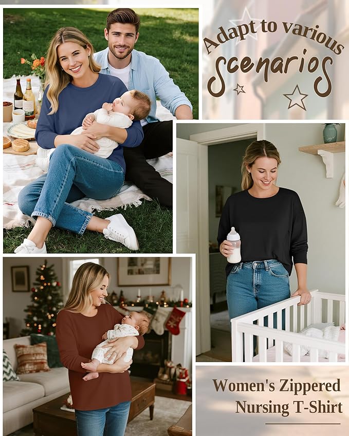 3 Pack Women's Nursing Breastfeeding Tops, Long Sleeve Maternity Shirts Oversize Hidden Zipper Pregnancy Clothes