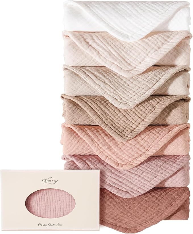 Konssy 7-Pack Muslin Baby Burp Cloths, 6-Layer 100% Cotton | Soft & Absorbent by Konssy
