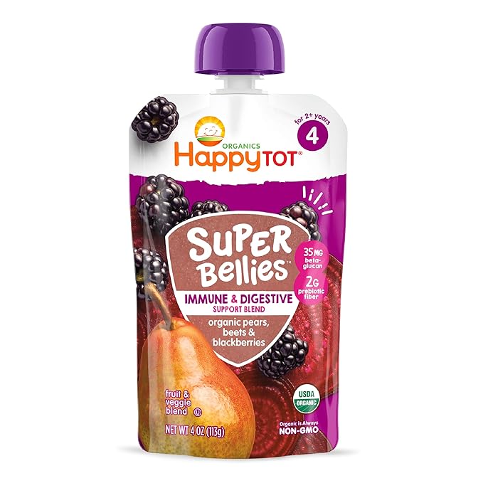 Happy Tot Organics Stage 4 Baby Food Pouches, Gluten Free, Vegan Snack, Super Bellies, Fruit & Veggie Puree, Pears, Beets & Blackberries 4 Ounce (Pack of 16)