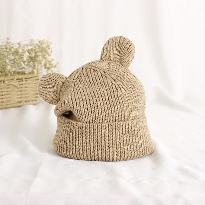 Hadetoto Cotton Baby Beanie Winter Knitted Hat, 2 Pack | Bear Ear Design - Image 6
