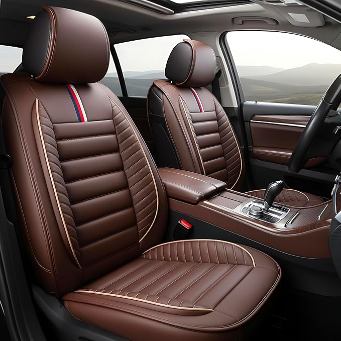 OASIS AUTO Car Seat Covers Premium Waterproof Faux Leather Cushion Universal Accessories Fit SUV Truck Sedan Automotive Vehicle Auto Interior Protector Front Pair (OS-001 Brown)