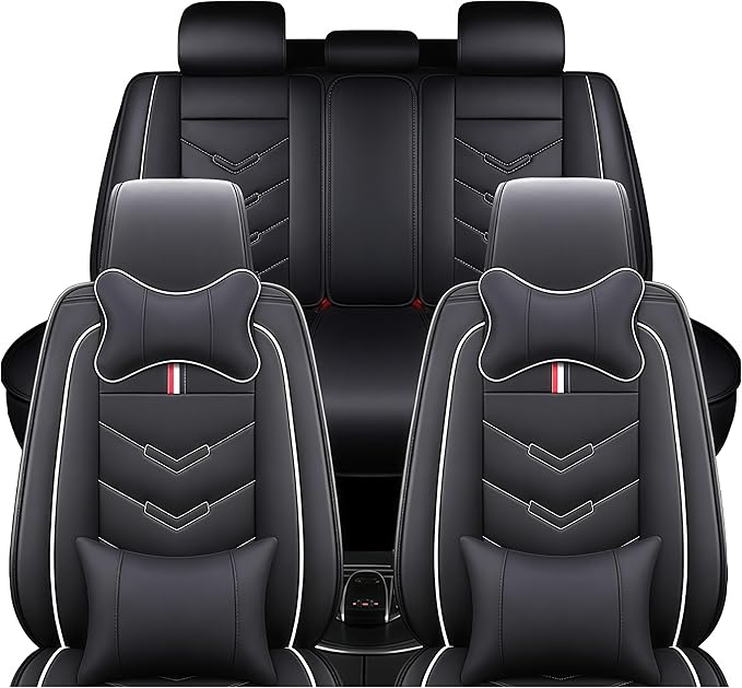Leather Car Seat Covers Fit for LR Defender 2020-2025, 5 Seater Waterproof and Wear-Resistant Seat Cover Interior Accessories(Full Set with Pillow,Black&White)