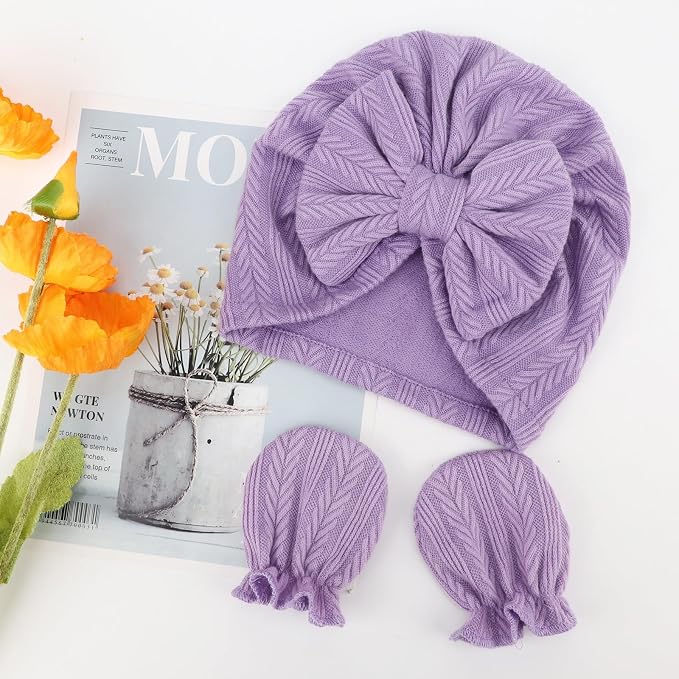BQUBO Newborn Girls Hats Baby Hat and Mittens Set Infant Caps Bow Hospital - Image 5