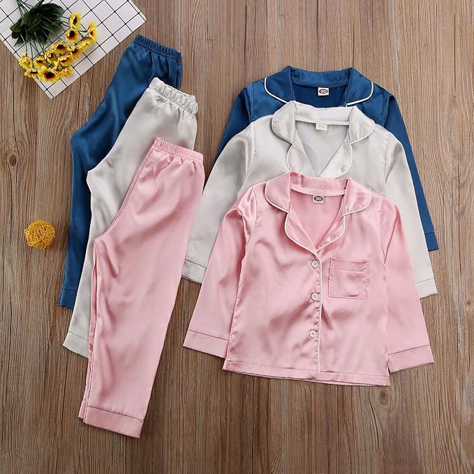 Kids Baby Girl Boy Satin Pajamas Set Button Down Sleep Shirt Top+Long Pants - Image 4