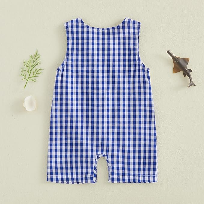 Newborn Baby Boys Sleeveless Seersucker Romper One Piece Straps Overalls - Image 3