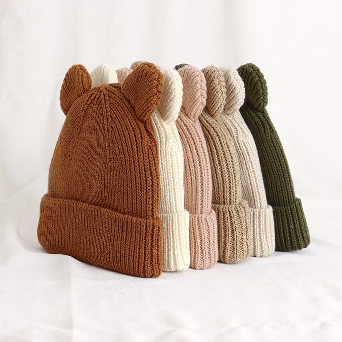 Hadetoto Cotton Baby Beanie Winter Knitted Hat, 2 Pack | Bear Ear Design - Image 4