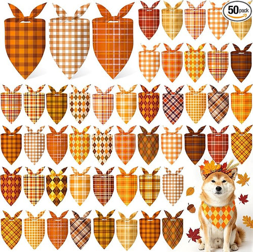 50 Pcs Fall Plaid Dog Bandanas Bulk Autumn Gingham Check Pattern by Jeere