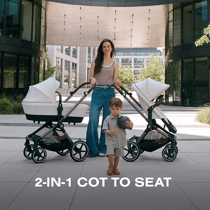 Cybex EOS 2-in-1 Stroller - Bassinet Stroller Converts to Toddler Stroller with One-Hand Recline - Bassinet and Toddler Seat Included, Reversible & Travel System Ready, Seashell Beige