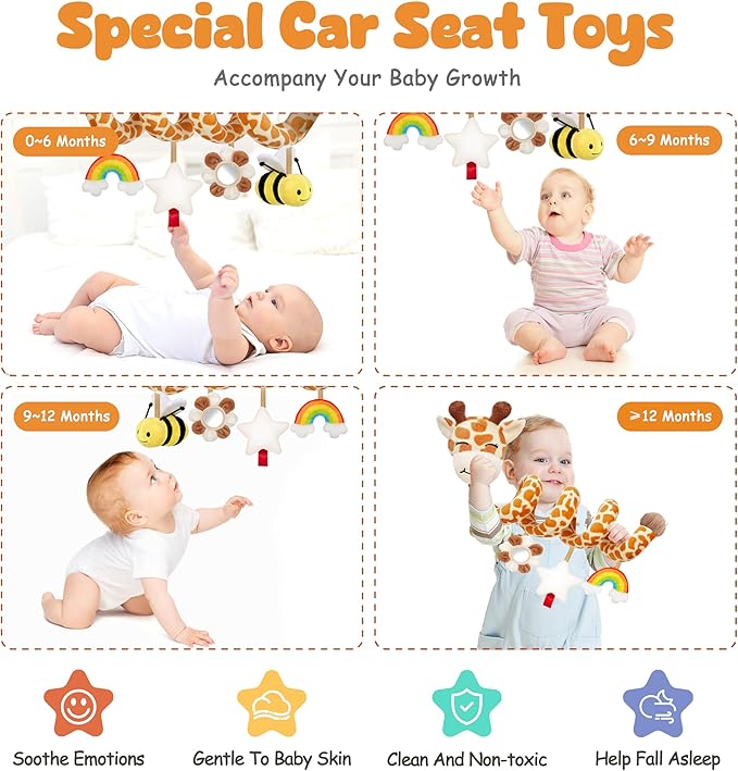 Stuffed Spiral Car Seat Baby Toys 0-6 Months, Infant Carseat Sensory Toys Hanging Stroller Accessories, Newborn Shower Gifts for Baby Boys Girls Essentials | Cute Colorful Giraffe
