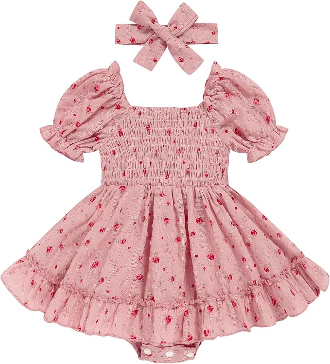 GRNSHTS Baby Girl Romper Dress, Puff Sleeve Smocked Outfit by GRNSHTS