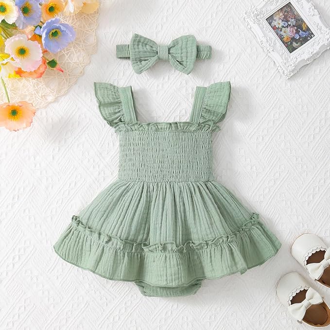 Baby Girl Smocked Romper Dress Ruffle Bow Summer Outfit - Image 3