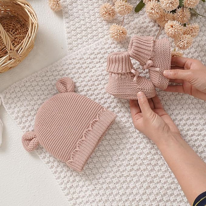 Hadetoto 100% Organic Cotton Baby Beanie and Booties Set | Newborn, Knit Sock - Image 4