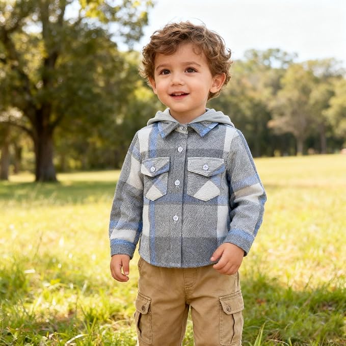 YOUNGER STAR Toddler Kids Boys Girls Flannel Hooded Plaid Shirt Button Baby Red - Image 2