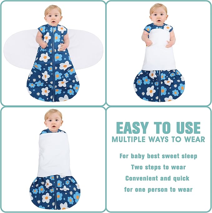 Newborn Sleep Sack Baby Swaddle,3-Way Adjustable Wearable Blanket,100% Rayon Cotton Swaddling Sleeping Bag，TOG 0.5 (Gerbera & Tulips, 0-3 Months)