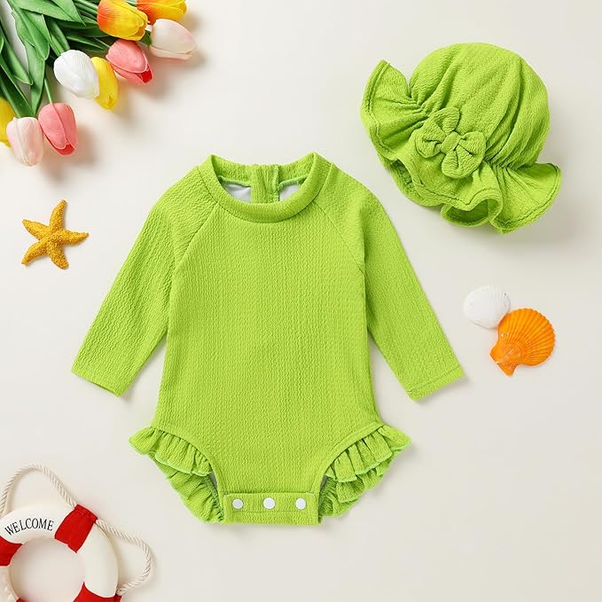 YOUNGER TREE Infant Baby Girls Swimsuit Long Sleeve Swimsuits One Piece Swimsuit Solid Color Bathing Suit with Hat, UPF 50+