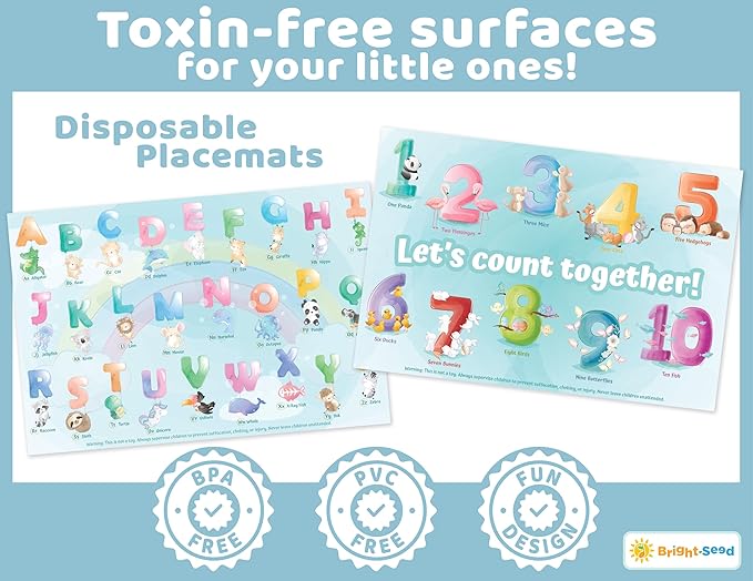 Disposable Placemats for Baby, Toddlers and Kids, 40 Disposable Baby Placemats for Restaurant, Dining Table & Travel, Learning Placemats for Kids, Toddler Travel Essential, Animals ABC & Numbers