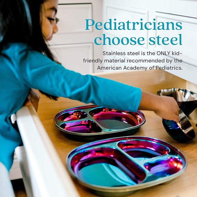 Ahimsa Stainless Steel Plates for Kids - Divided Plates for Toddlers, Pediatrician Designed, Non Toxic Toddler Plate, BPA Free & Dishwasher Safe (Blue Set of 4)