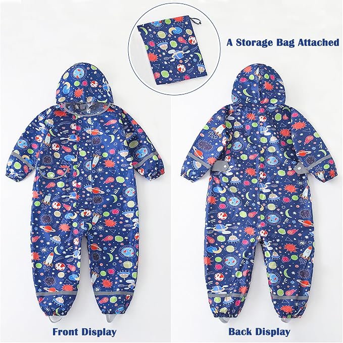 Fewlby Kids Toddler Rain Suit for Boys Girls One Piece Hoodie Zipper Cartoon - Image 5