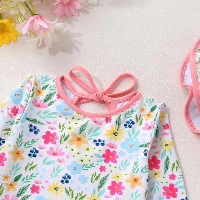 YOUNGER TREE Infant Baby Girls Swimsuit Long Sleeve Swimsuits One Piece Swimsuit Solid Color Bathing Suit with Hat, UPF 50+