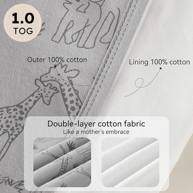 Baby Sleep Sack 6-12 Months 1.0 Tog Baby Wearable Blanket 100% Cotton Sleeping Sack with 2-Way Zipper for Infant Newborn Apricot & Gray Elephant