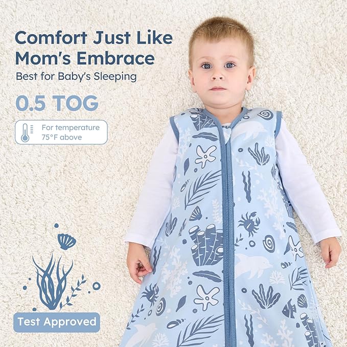 Baby Sleep Sack 18-24 Months 100% Cotton Lightweight 0.5 TOG Wearable Blanket Baby Sleep Bag with 2-Way Zipper for Infant Toddler Blue Dolphin