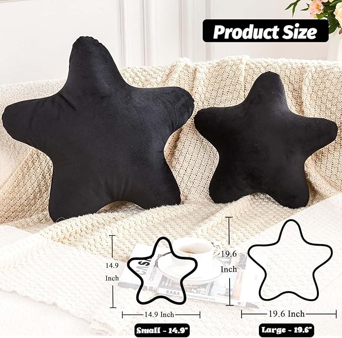 Black Star Throw Pillow, Cute Star Pillow Room Decor, Soft 14.9" Star Shaped Decorative Throw Pillow for Bedroom, Star Plush Floor Cushions Pillows