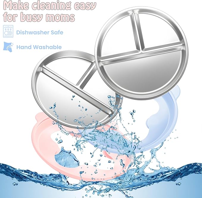 Stainless Steel Kids Plate with Suction Set of 2, 9″ Toddler Divided Plates with Removable Non Slip Silicone Sleeves, Baby Snack Dishes, Non Toxic and BPA Free, Light Pink & Baby Blue