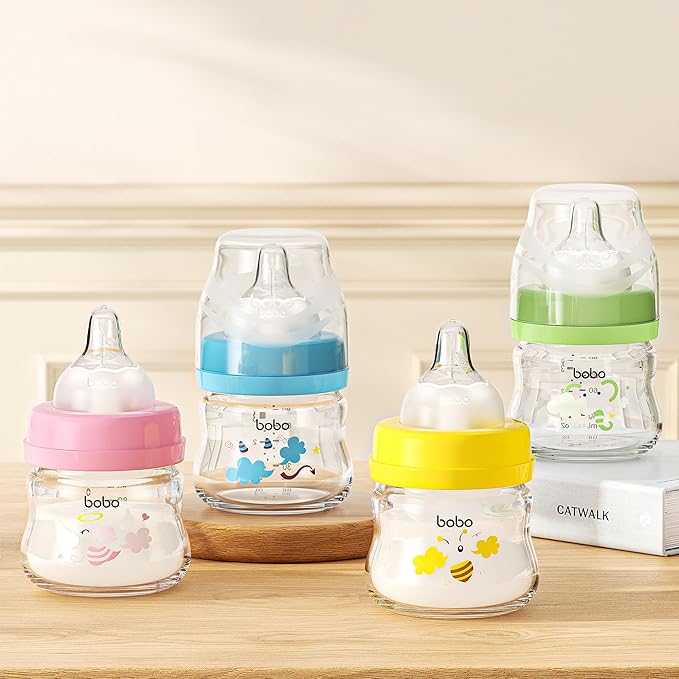YOHKOH Glass Baby Bottles with Slow Flow Nipple, Newborn Anti-Colic Baby Bottles for 0+ Months, Wide Neck Feeding Bottle, Clear (Red, 2.7oz (Pack of 4))