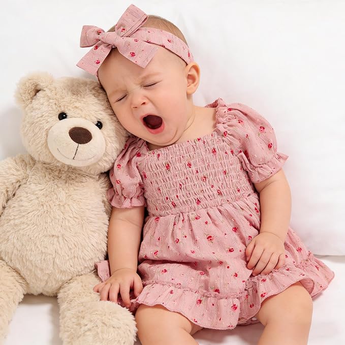 GRNSHTS Baby Girl Romper Dress, Puff Sleeve Smocked Outfit - Image 5