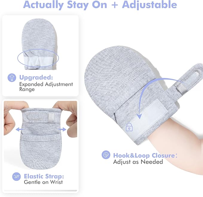 Baby Newborn No Scratch Mittens Stay On, 100% Cotton Adjustable 0-12M | Soft - Image 3