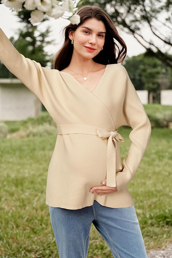 OUGES Womens Soft Cotton Blend Maternity Sweater Wrap V Neck Long Sleeve V Back Fall Shirts Pregnancy Outfits with Belt