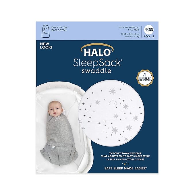 HALO 100% Cotton Sleepsack Swaddle, 3-Way Adjustable Wearable Blanket, TOG 1.5, Midnight Moons Grey, Preemie, Birth-5lbs