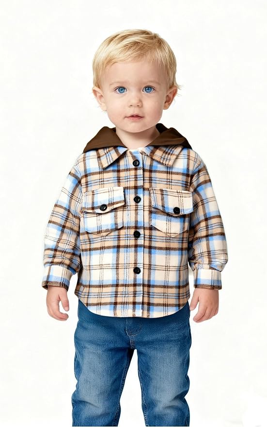 YOUNGER STAR Toddler Kids Boys Girls Flannel Hooded Plaid Shirt Button Baby Red - Image 2