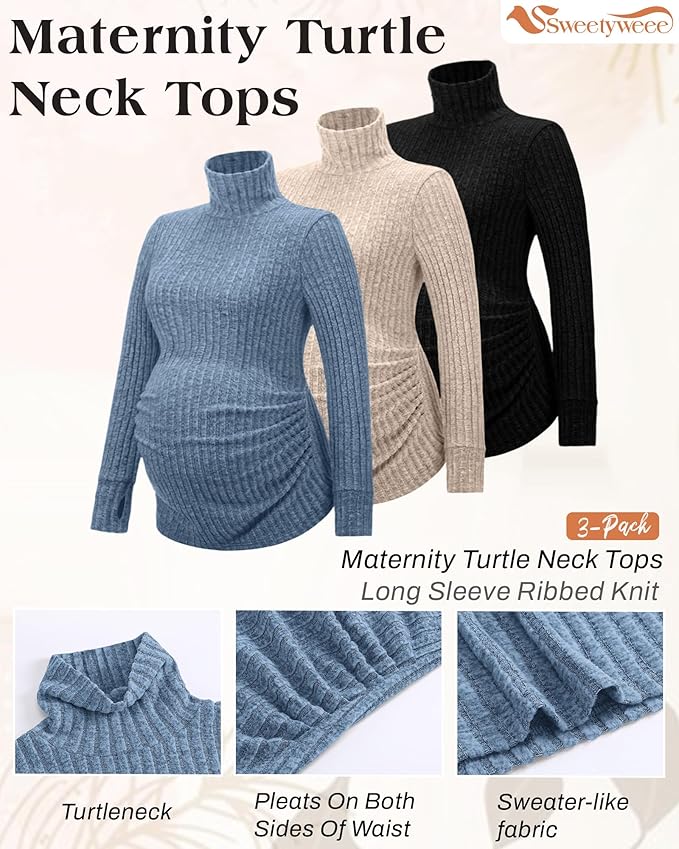 3 Pack Maternity T-Shirts Pregnancy Tops Women Sweater Long Sleeve Turtleneck Ribbed Finger Sleeve Outfits