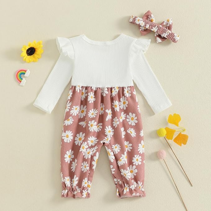 Newborn Baby Girl Clothes Ruffle Sleeve Jumpsuit Corduroy Floral - Image 7