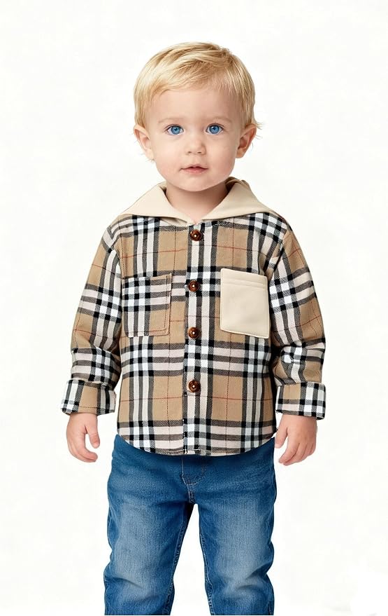YOUNGER STAR Toddler Kids Boys Girls Flannel Hooded Plaid Shirt Button Baby Red - Image 2
