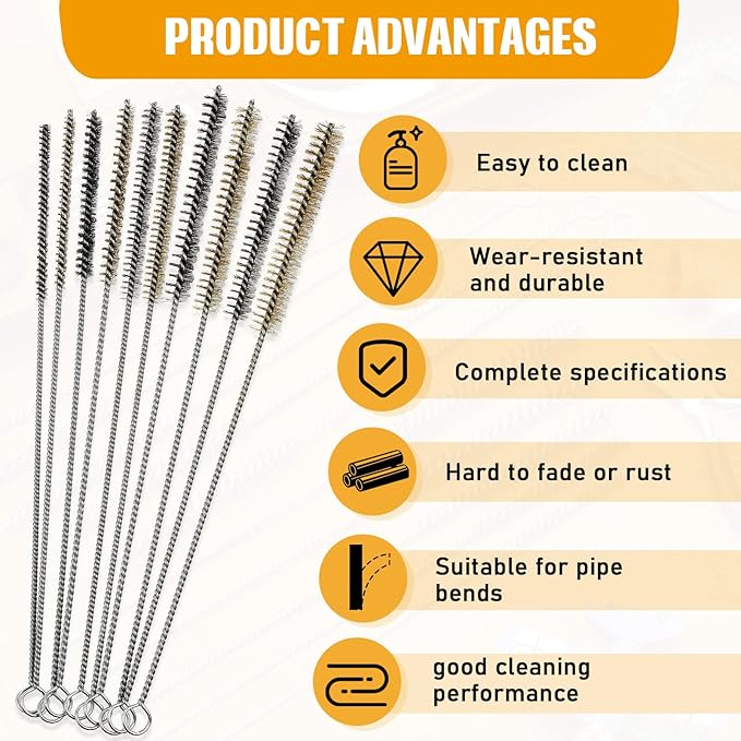 Wire Tube Brushes Bulk for Cleaning Pipe Tube Brass Stainless Steel Round Wire Brush for Auto Parts Christmas, Bottles, Tubes, 5 Sizes(20 Pieces)