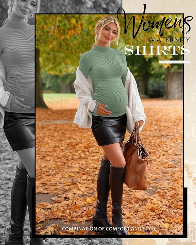 4 Packs Womens Maternity Shirts Long Sleeve Cotton Ribbed Pregnancy Mock Neck Side Ruched Workout Tops for Mama