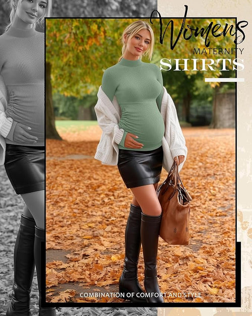 4 Packs Womens Maternity Shirts Long Sleeve Cotton Ribbed Pregnancy Mock Neck Side Ruched Workout Tops for Mama